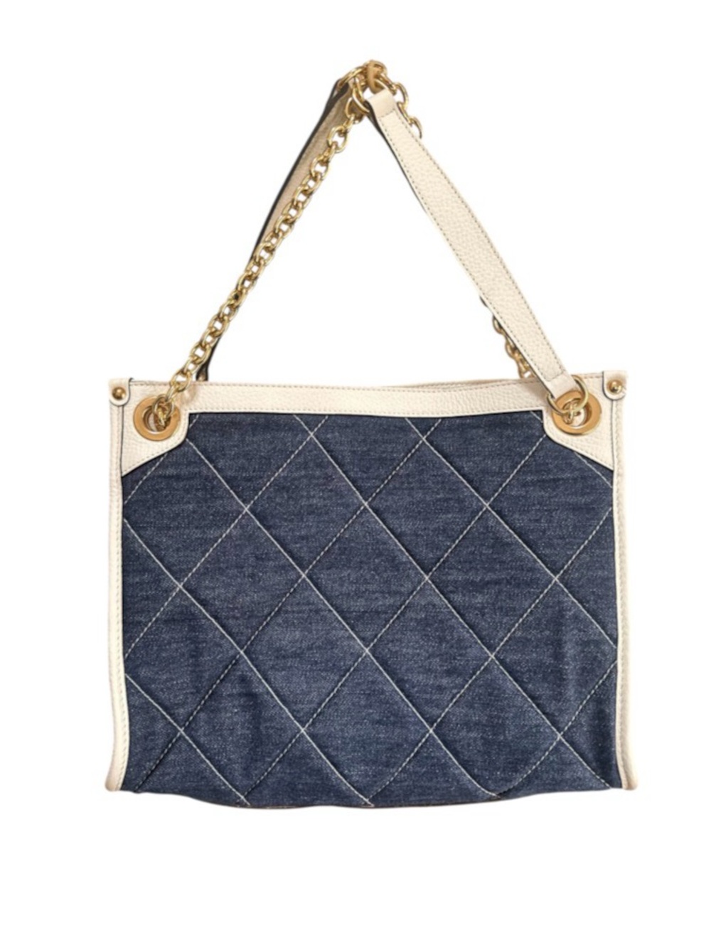 Uno Alla Volta Quilted Denim Shoulder Bag with White Trim and Gold Chain